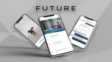 Three screenshots of the online personal training app, Future, on a a gray background.