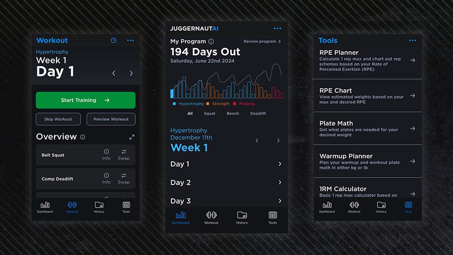 Three screenshots of the online personal training app, JuggernautAI, on a black background.