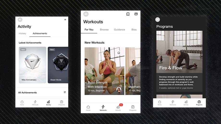 Three screenshots are shown of the Nike Training Club app.